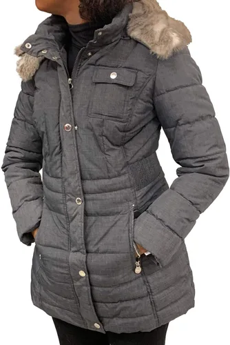 Vista 13 de Laundry by Shelli Segal womens Quilted Puffer Coat with Faux Fur-Trimmed Hood & Fit-and-Flare Waist Hueso