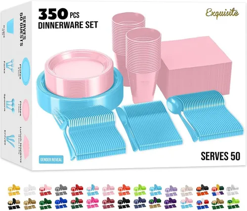 Vista 18 de Exquisite 350 Piezas Platos de Plástico de Cumpleaños Azules Para Fiestas, Juego de Platos Desechables de Cumpleaños Azules, 50 de Cada Juego