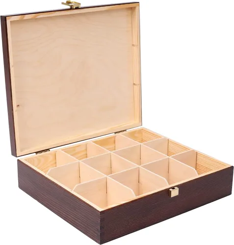 Vista 7 de Creative Deco Caja de té de madera marrón con tapa 12 compartimentos 11.4 x 9.8 x 3.0 in Madera natural Organizador de lujo