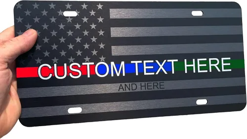 Vista 11 de JASS GRAPHIX Placa de matrícula personalizada con la bandera estadounidense de línea amarilla, homenaje personalizado a despachadores y operadores