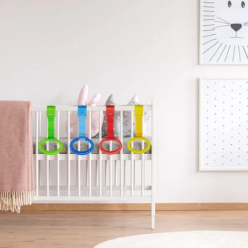 Vista 4 de 4 anillos de plástico para cuna de bebé, soporte auxiliar de ejercicios para caminar para niños Anillos colgantes de cuna de 4 colores para bebé
