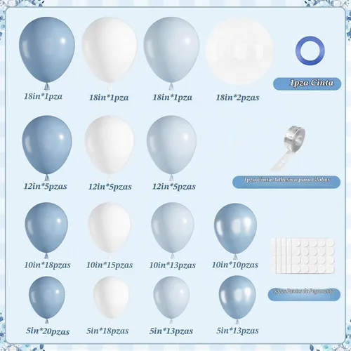 Vista 2 de Ouddy Life - Kit de guirnalda de arco de globos azul polvoriento, 152 piezas, diferentes tamaños Azul y blanco