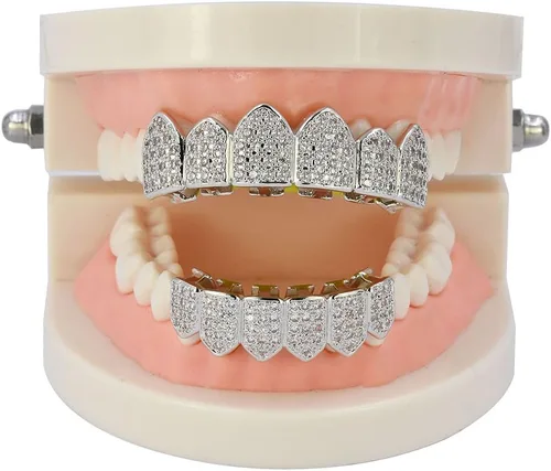 Vista 2 de JINAO Grillz Parrillas de Diamantes para Tus Dientes para Hombres y Mujeres Chapadas en Oro de 18K Heladas Macro Pavé de Circonita Cúbica Parrilla