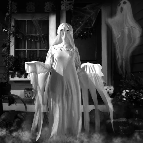 Vista 2 de Suppromo Disfraz de fantasma para adultos, mujeres y hombres, disfraz de fantasma blanco con capucha para Halloween, fiesta de cosplay, talla única