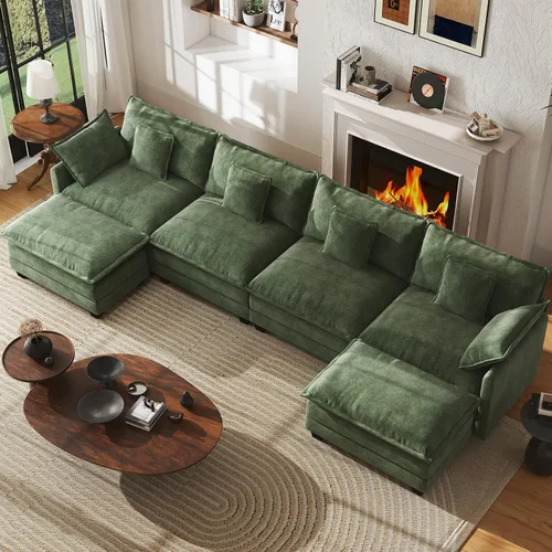 Vista 30 de Sofá de nube en forma de L de 77 pulgadas, sofá modular con otomana, cómodo sofá biplaza de felpilla con almohada para sala de estar, dormitorio