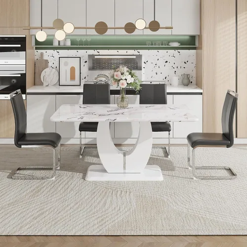 Vista 9 de JUFU Moderno juego de mesa de comedor de mármol sintético de 63 pulgadas para 6, mesa de cocina rectangular con base de pedestal en forma de U