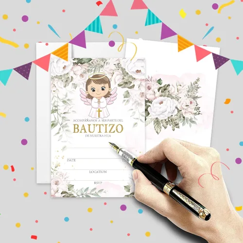 Vista 2 de AEHIE 20 juegos de invitaciones de bautizo con forma de fiesta de bautizo para baby shower, con sobres, tarjetas de invitaciones con cruz dorada