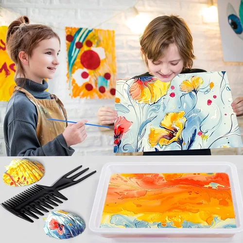 Vista 5 de Ci Vetch Kit de pintura de mármol de agua para niños, artes y manualidades, no tóxico, de 3 a 12 años, incluye 6 colores, 10 hojas, herramientas, 12