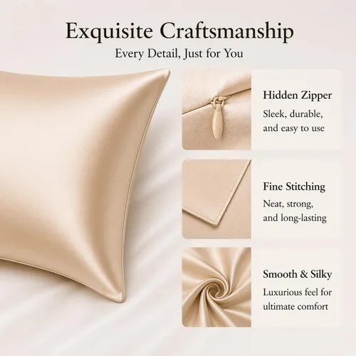 Vista 4 de Fundas de almohada de seda beige con cremallera, fabricadas en Estados Unidos, funda de almohada de seda real para piel propensa al acné