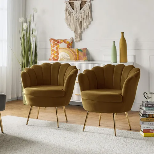 Vista 49 de HULALA HOME Silla decorativa moderna de terciopelo con respaldo en forma de concha, bonito sillón para sala de estar, dormitorio con patas doradas