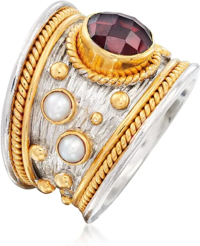Vista 3 de Ross-Simons 2.20 Carat Garnet and 3mm Cultured Pearl Ring in Sterling Silver and 18kt Gold Over Silver