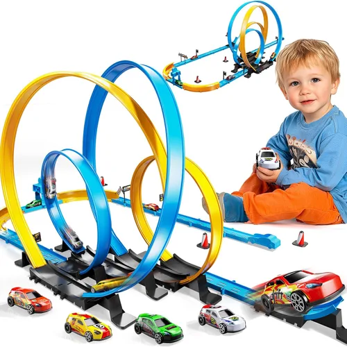 Vista 9 de Conjunto de Pista de Carreras de Coches LILYBUDS para Niños, Niños de 3-5 4-7 años, Pistas de Carreras con 4 Zonas de Choque y Coches de Ranura