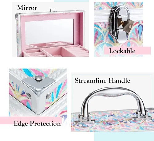 Vista 4 de Hododou Joyero organizador para niñas con cajón y espejo, estilo cola de sirena, estuche de almacenamiento con cerradura para niños o niñas