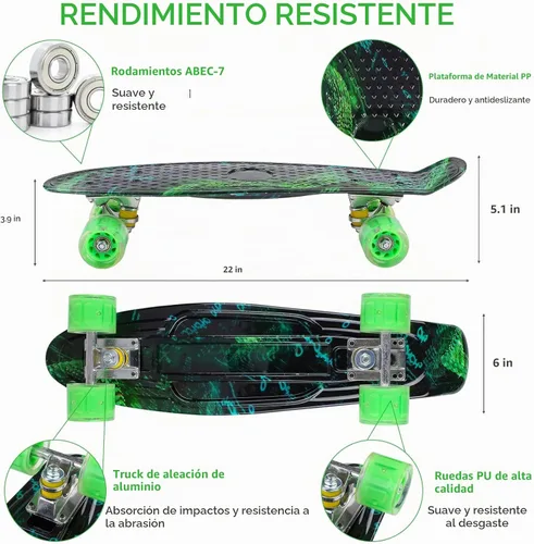 Vista 7 de Patinetas, Monopatín Completo de 56 cm, Mini Cruiser para Niños, Niñas, Adolescentes Principiantes con Ruedas de Luces Intermitentes Coloridas