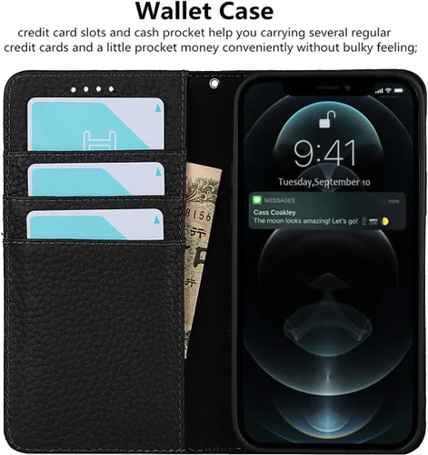Vista 4 de iCoverCase Funda tipo cartera compatible con iPhone 13 Pro Max con tarjetero y correa para la muñeca, bloqueo RFID, funda magnética para teléfono