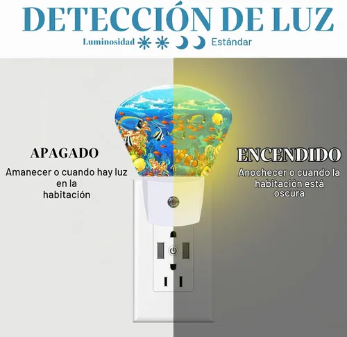 Vista 2 de Luz nocturna submarina de dibujos animados para niños, luz nocturna LED de peces tropicales, enchufable a la pared con sensor de atardecer a