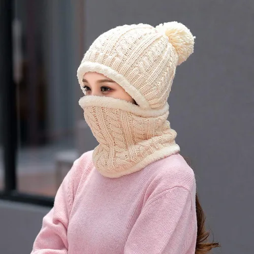 Vista 6 de Gorro de Invierno para Mujer de Una Pieza con Forro Polar Pasamontañas de Punto Conjunto con Bufanda Circular para Cuello Gorro de Esquí para Nieve