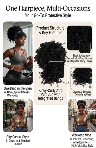 Vista 8 de Cola de caballo con cordón para mujeres negras Afro Puff Cola de caballo con cordón con flequillo Cola de caballo corta crespa y rizada Moño cola