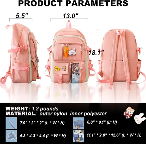 Vista 2 de TEMI 5 piezas de suministros para el regreso a clases mochila kawaii para mochila escolar bonita mochila para niña lindo bolso de mano accesorios
