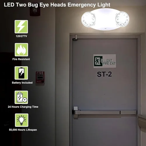 Vista 6 de Accesorios de iluminación LED de emergencia con 2 cabezales LED de ojo de insectos y baterías de respaldo, luz de salida estándar de EE. UU.