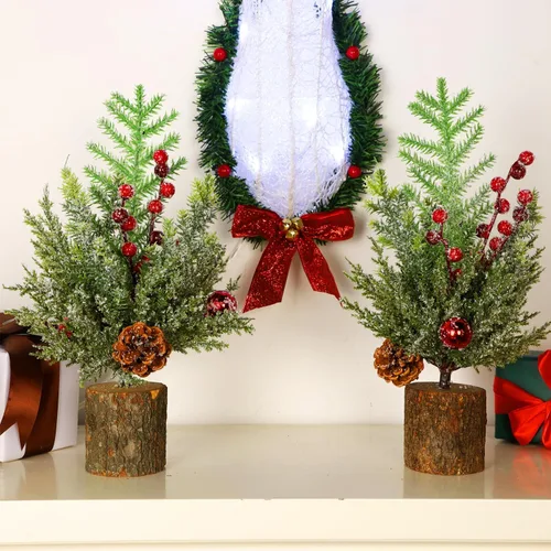 Vista 6 de Blissun Mini árbol artificial de Navidad de 15 pulgadas con luces, árbol de Navidad pequeño, pinos artificiales de Navidad con base de madera, mini
