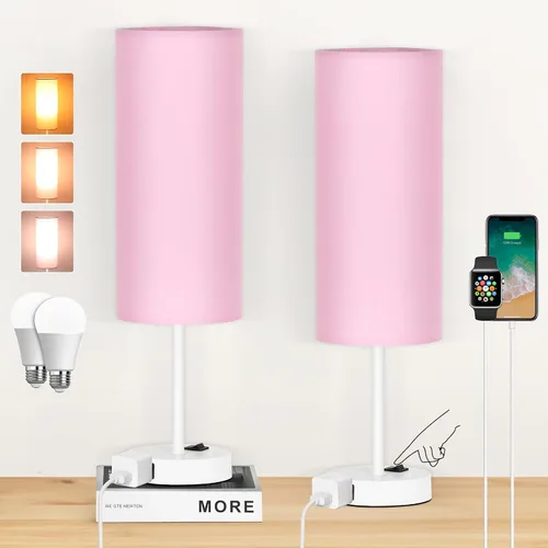 Vista 15 de ZJOJO Juego de 2 lámparas de mesa para dormitorio, lámparas pequeñas de noche con interruptor basculante regulable de 3 vías y toma de corriente