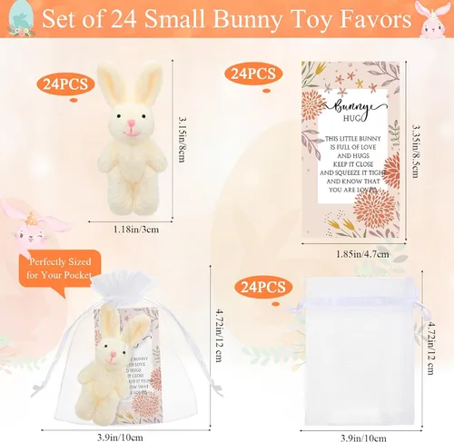 Vista 2 de Fuutreo 24 juegos de conejito de peluche para decoración de regalo, mini conejito de peluche con tarjetas de abrazo de agradecimiento, bolsas