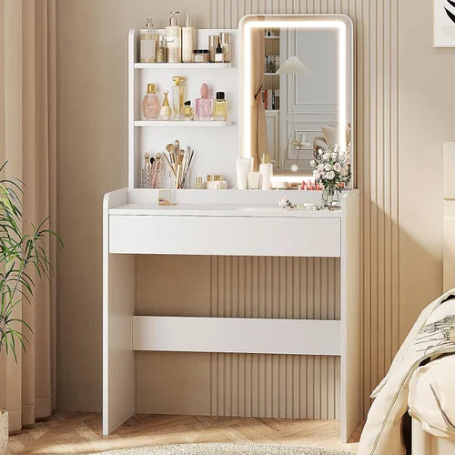 Vista 9 de Memobarco Escritorio pequeño con espejo y luces, tocador de maquillaje con cajón y estantes de almacenamiento, escritorio de tocador con 3 modos