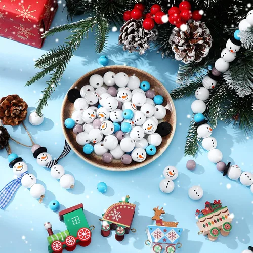 Vista 3 de 180 piezas de cuentas de madera de muñeco de nieve de Navidad con estampado de tartán de búfalo de Navidad, cuentas de madera redondas de invierno