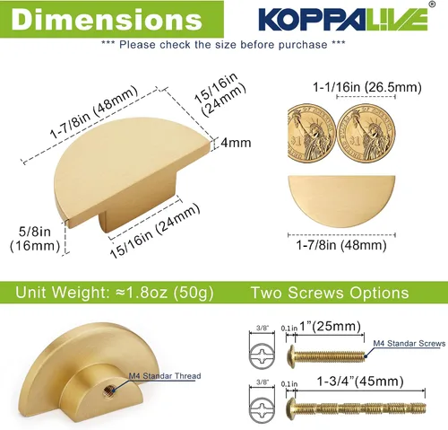 Vista 2 de Paquete de 2 tiradores de cajón de latón macizo para cómoda, pomos y manijas semicirculares para gabinetes de cocina, pomos dorados para gabinete