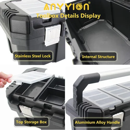 Vista 6 de Anyyion Caja de herramientas de 19 pulgadas con bandeja extraíble, verdaderamente fuerte y duradera para almacenamiento de manualidades, hogar