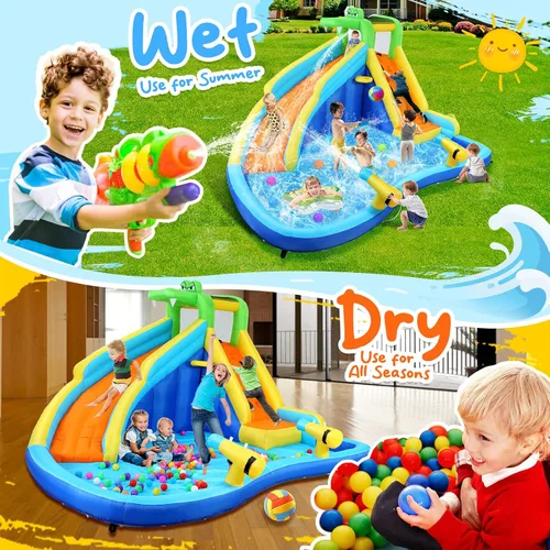 Vista 7 de Whubefy Toboganes acuáticos inflables para niños con soplador de 450 W, parque acuático inflable 6 en 1, tobogán acuático de 158 x 138 x 89 pulgadas