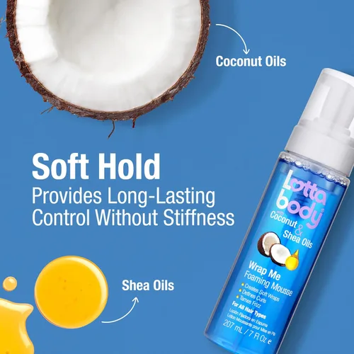 Vista 4 de Lottabody Mousse en espuma con aceite de coco y manteca de karité Wrap Me, crea envoltorios suaves, mousse para cabello rizado, define rizos