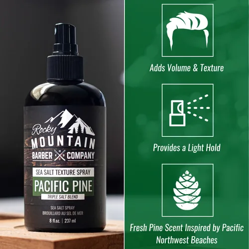 Vista 4 de Rocky Mountain Barber Company Spray de sal marina para hombres, añade volumen, textura y sujeción ligera para todo tipo de cabello, mezcla triple