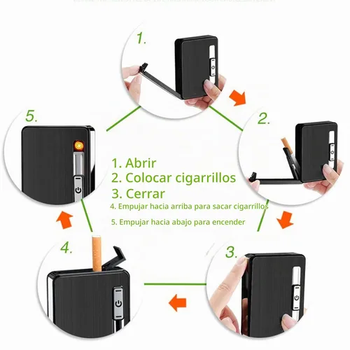 Vista 5 de Estuche para cigarrillos con encendedor, caja de expulsión automática para 10 cigarrillos de tamaño regular, encendedores eléctricos integrados
