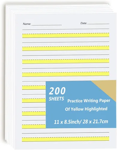 Vista 6 de Write - Papel para principiantes nivel 1, papel de escritura con líneas y resaltados amarillos, papel de escritura para niños, papel de 3.53 oz/m²