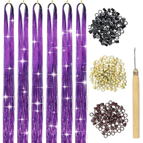Vista 11 de Kit de Oropel para Cabello con Herramientas Extensiones de Cabello de Oropel Negro 6 Piezas 1200 Hebras Kit de Oropel para Cabello de Hadas