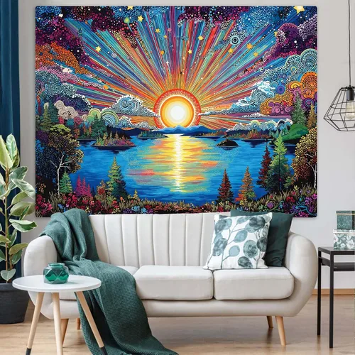 Vista 29 de Zussun Tapiz de hongo rojo, tapices de luna y estrella para dormitorio, estética de color beige, noche estrellada, planta verde, tapiz de pared