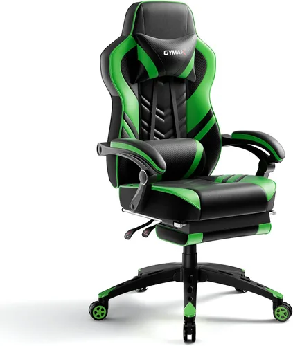 Vista 13 de POWERSTONE Silla de videojuegos con reposapiés y soporte lumbar, estilo carreras, piel sintética, ergonómica, ajustable, giratoria, color negro