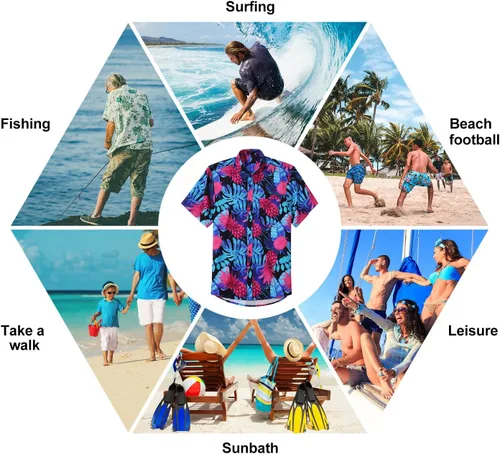 Vista 6 de Camisas hawaianas para hombre, manga corta, floral, tropical, Aloha, casual, para verano, con botones, para vacaciones, playa, con bolsillo