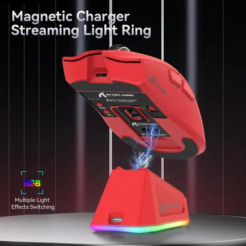 Vista 4 de ATTACK SHARK X11 Ultra-Ligero ratón para videojuegos de triple modo con sensor óptico PAW3311 de 22K DPI, 5 botones programables con soporte de Rojo