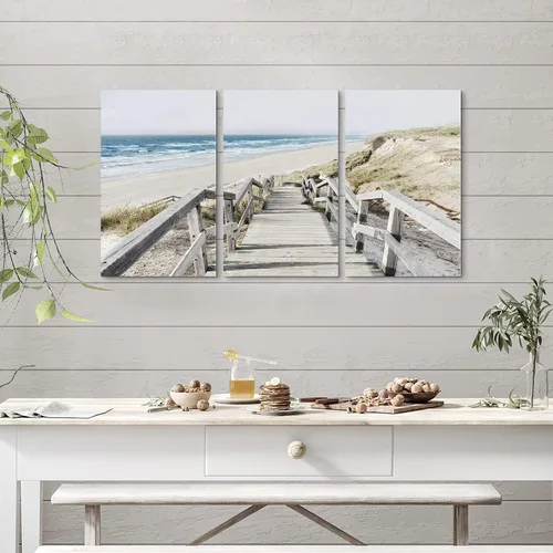 Vista 3 de Lienzo de playa costero para pared: tres piezas para dormitorio, imagen del océano, camino del océano, obra de arte de paisaje marino, pintura
