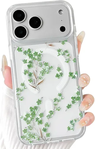 Vista 68 de NITITOP Funda magnética transparente compatible con iPhone 14 Plus/15 Plus, compatible con MagSafe lindas flores, hojas florales para mujeres