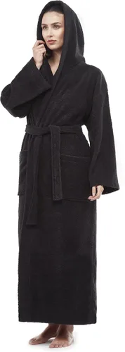 Vista 4 de Arus Bata de baño clásica con capucha para mujer, bata de algodón turco con opciones de longitud completa Negro