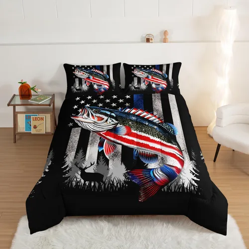 Vista 3 de HOSIMA - Juego de edredón individual de microfibra suave negro con 2 fundas de almohada, juego de ropa de cama individual a rayas con bandera