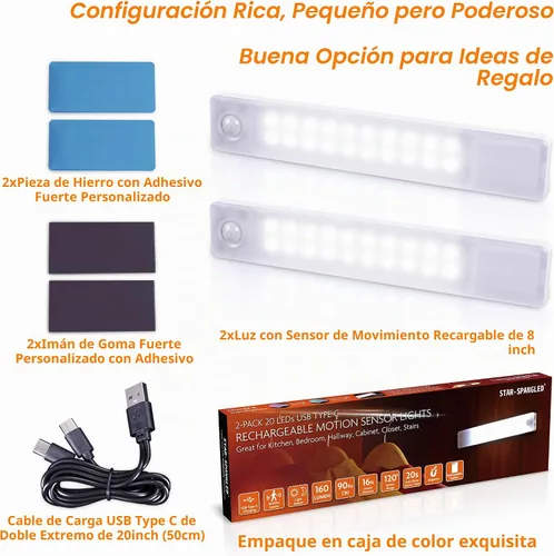 Vista 4 de STAR-SPANGLED 8” Under Cabinet Lighting Rechargeable Magnetic, 2 Pack White Blanco