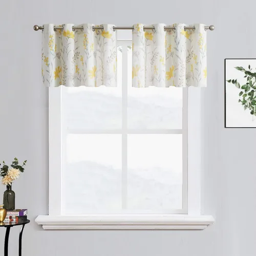 Vista 25 de July Joy Cenefa de Cocina Estampada con Textura de Lino de 18 Pulgadas Diseño Floral de Hojas Estilo Casa de Campo Juego de Paneles de Cortina