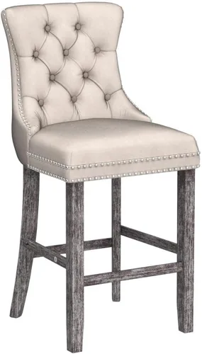 Vista 4 de SoarFlash Juego de 2 taburetes de bar tapizados de terciopelo moderno con patas de madera, botones acolchados, cabeza de clavo cromada, asiento
