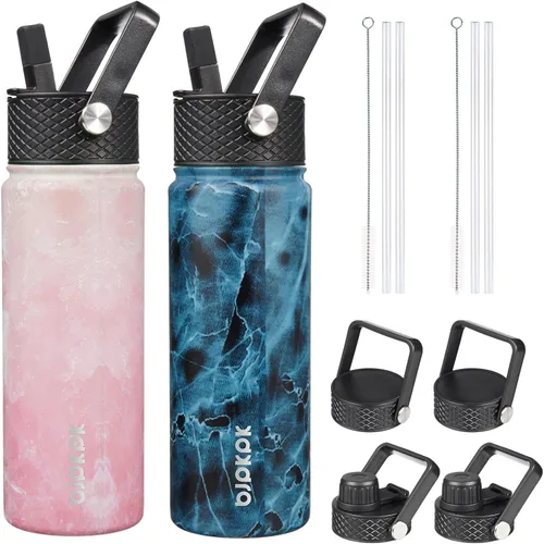 Vista 9 de BJPKPK Paquete de 2 botellas de agua aisladas con tapas con pajita, botella de agua de metal de acero inoxidable de 18oz con 6 tapas, jarras a