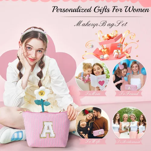 Vista 106 de YOOLIFE Regalos del Día de la Madre para Mujeres, Bolsa de Maquillaje con Iniciales, Bolsa de Maquillaje para Viaje, Bolsa de Maquillaje Negro